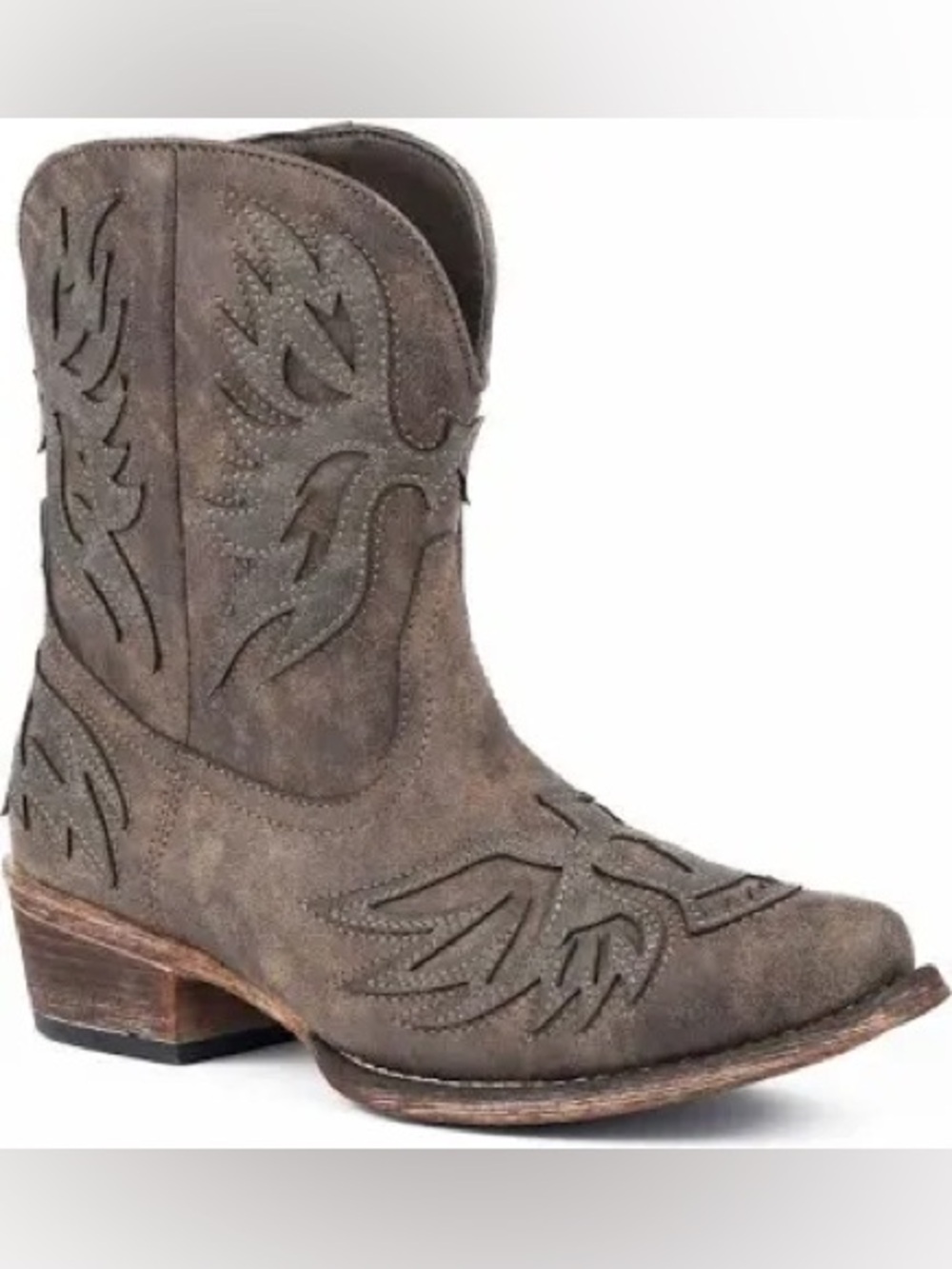 Roper Distressed Brown Faux Leather Western Ankle Boots | Flame Inlay Stitch Det
